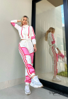 CONJUNTO CALÇA JOGGER mais JAQUETA BOMBER  off white ( detalhe rosa e vermelho) PERFECT WAY