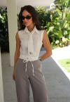 CALÇA CÓS BAIXO ALFAIATARIA FEMININO CINZA C/ OFF WHITE PERFECT WAY