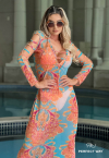 SAÍDA DE PRAIA VESTIDO LONGO ESTAMPADO C/ DETALHES    LARANJA / AZUL PERFECT WAY