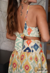 CONJUNTO FEMININO ESTAMPADO CROPPED + SAIA LONGA BEGE / VERDE PERFECT WAY