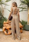 CONJUNTO FEMININO COLETE + CALÇA WID LEG BEGE PERFECT WAY
