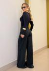 CALÇA RISCA DE GIZ  WIDE LEG CÓS LARGO FEMININA PRETO PERFECT WAY