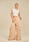 CALÇA BAIXA SEM  COS C/ BOLSOS UTILITARIOS FEMININA BEGE PERFECT WAY