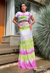 CONJUNTO CROPPED +  SAIA LONGA ESTAMPADO  BRANCO C/ VERDE E ROSA PERFECT WAY