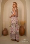 VESTIDO MAXI MIDI FEMININO UM OMBRO SÓ ESTAMPADO PESSEGO COM VERDE PERFECT WAY