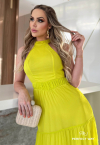 VESTIDO LONGO CAVADO C/ RECORTES E DETALHES AMARELO NEON PERFECT WAY