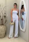 CALÇA RISCA DE GIZ CÓS DUPLO COM VIVO LATERAL FEMININA OFF WHITE COM PRETO PERFECT WAY