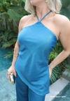 CONJUNTO BLUSA ASSIMÉTRICA + CALÇA RETA  AZUL TURQUESA PERFECT WAY