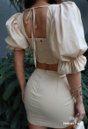 CONJUNTO CROPPED MANGA BUFANTE + SAIA CURTA    BEGE PERFECT WAY