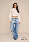 CAMISA CROPPED BABADO E FRANZIDO NA GOLA E PUNHOS FEMININO OFF WHITE PERFECT WAY