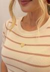 T- SHIRT  TRICO FEMININA BEGE C/ LISTRA MARROM PERFECT WAY