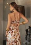 VESTIDO LONGO FEMININO ESTAMPADO COM ABERTURA BEGE / MARROM PERFECT WAY