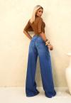 CALÇA JEANS WIDE LEG CÓS BAIXO FEMININA AZUL JEANS PERFECT WAY