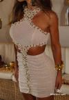 VESTIDO CURTO COM BORDADO MANUAL OFF WHITE C/ DOURADO PERFECT WAY