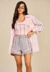 CAMISA OVER C/ BOLSOS E  GALOES FEMININO rosa c/ cinza PERFECT WAY