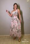 VESTIDO MAXI MIDI FEMININO UM OMBRO SÓ ESTAMPADO PESSEGO COM VERDE PERFECT WAY