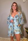 TRIJUNTO FEMININO ESTAMPADO KIMONO + CROPPED + SHORTS  AZUL CLARO PERFECT WAY