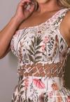 VESTIDO MAXI MIDI FEMININO UM OMBRO SÓ ESTAMPADO PESSEGO COM VERDE PERFECT WAY