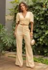 CONJUNTO FEMININO BLUSA  DECOTE V MANGAS BUFANTES + CALÇA PANTALONA AMARELO MANTEIGA PERFECT WAY