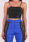 CONJUNTO BLAZER COM RECORTE DE PAETÊ + CROPPED + CALÇA  AZUL COM PRETO PERFECT WAY