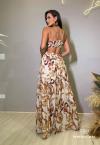 VESTIDO LONGO FEMININO ESTAMPADO COM ABERTURA BEGE / MARROM PERFECT WAY