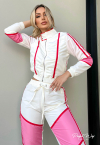 CONJUNTO CALÇA JOGGER mais JAQUETA BOMBER  off white ( detalhe rosa e vermelho) PERFECT WAY