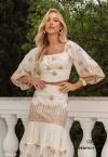 CONJUNTO FEMININO CROPPED + SAIA LONGA BEGE PERFECT WAY