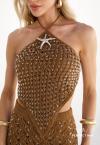 CROPPED FRENTE UNICA FEMININO COM BORDADO MANUAL 869 CARAMELO PERFECT WAY