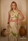 VESTIDO FEMININO MAX MIDI bege c/ verde PERFECT WAY
