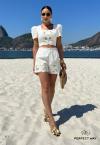 CONJUNTO FEMININO CROPPED + SHORTS C/ BORDADO INDUSTRIAL OFF WHITE PERFECT WAY