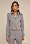 BLAZER ALFAIATARIA COM OMBREIRAS E ZIPER FEMININO CINZA PERFECT WAY