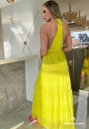 VESTIDO LONGO CAVADO C/ RECORTES E DETALHES AMARELO NEON PERFECT WAY