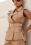 BLUSA ALONGADO FEMININO C/ FENDA E CINTO BEGE PERFECT WAY