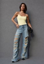 CALÇA JEANS DIRTY  DESTROYED COS INTERMEDIARIO FEMININA DIRTY JEANS PERFECT WAY