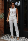 CONJUNTO CROPPED + CALÇA ASSIMÉTRICO COM BOTÕES OFF WHITE PERFECT WAY