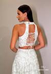 CONJUNTO FEMININO CROPPED + SAIA MIDI OFF WHITE C/ VERDE PERFECT WAY