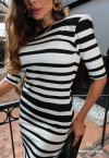VESTIDO MIDI COM BOJO E OMBREIRA OFF WHITE C/ PRETO PERFECT WAY