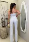 CALÇA RISCA DE GIZ CÓS DUPLO COM VIVO LATERAL FEMININA OFF WHITE COM PRETO PERFECT WAY