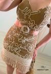 VESTIDO CURTO FEMININO COM FRANJA doce de leite / cru PERFECT WAY