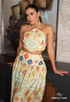 CONJUNTO FEMININO ESTAMPADO CROPPED + SAIA LONGA BEGE / VERDE PERFECT WAY