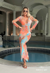 SAÍDA DE PRAIA VESTIDO LONGO ESTAMPADO C/ DETALHES    LARANJA / AZUL PERFECT WAY