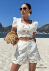 CONJUNTO FEMININO CROPPED + SHORTS C/ BORDADO INDUSTRIAL OFF WHITE PERFECT WAY