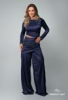 CONJUNTO FEMININO CROPPED ASSIMÉTRICO + CALÇA PANTALONA AZUL MARINHO PERFECT WAY