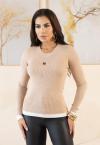 BLUSA TRICO C/ BARRA SOBREPOSTA DET METAL FEMININA bege PERFECT WAY