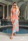 SAÍDA DE PRAIA VESTIDO LONGO ESTAMPADO C/ DETALHES    LARANJA / AZUL PERFECT WAY