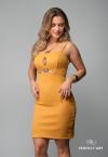 VESTIDO CURTO FEMININO COM ABERTURA E METAL MOSTARDA . PERFECT WAY