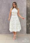 CONJUNTO FEMININO CROPPED + SAIA MIDI OFF WHITE C/ VERDE PERFECT WAY
