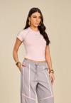 T-SHIRT C/ MANGA RAGLAN DET GALOES FEMININA CINZA c/ ROSA PERFECT WAY