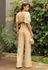 CONJUNTO FEMININO BLUSA  DECOTE V MANGAS BUFANTES + CALÇA PANTALONA AMARELO MANTEIGA PERFECT WAY