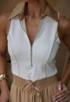 MACACÃO SHORT SAIA C/ PREGAS OFF WHITE C/ BEGE PERFECT WAY